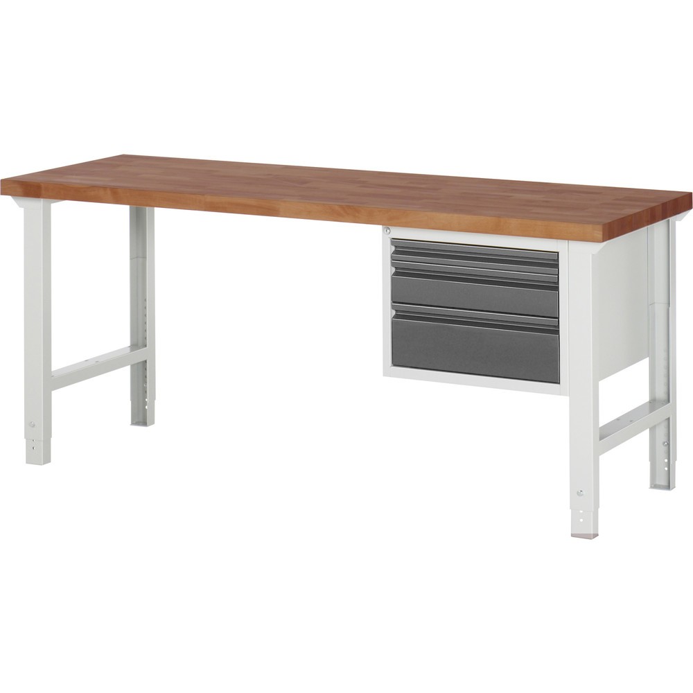 Obrázek produktu: Pracovní stůl RAU řada 7000, pracovní deska červený buk masivní, 1x kontejner, VxŠxH 790-1140 x 2000 x 700 mm, 3x zásuvka 1 x 60 mm, 1 x 120 mm, 1 x 180 mm
