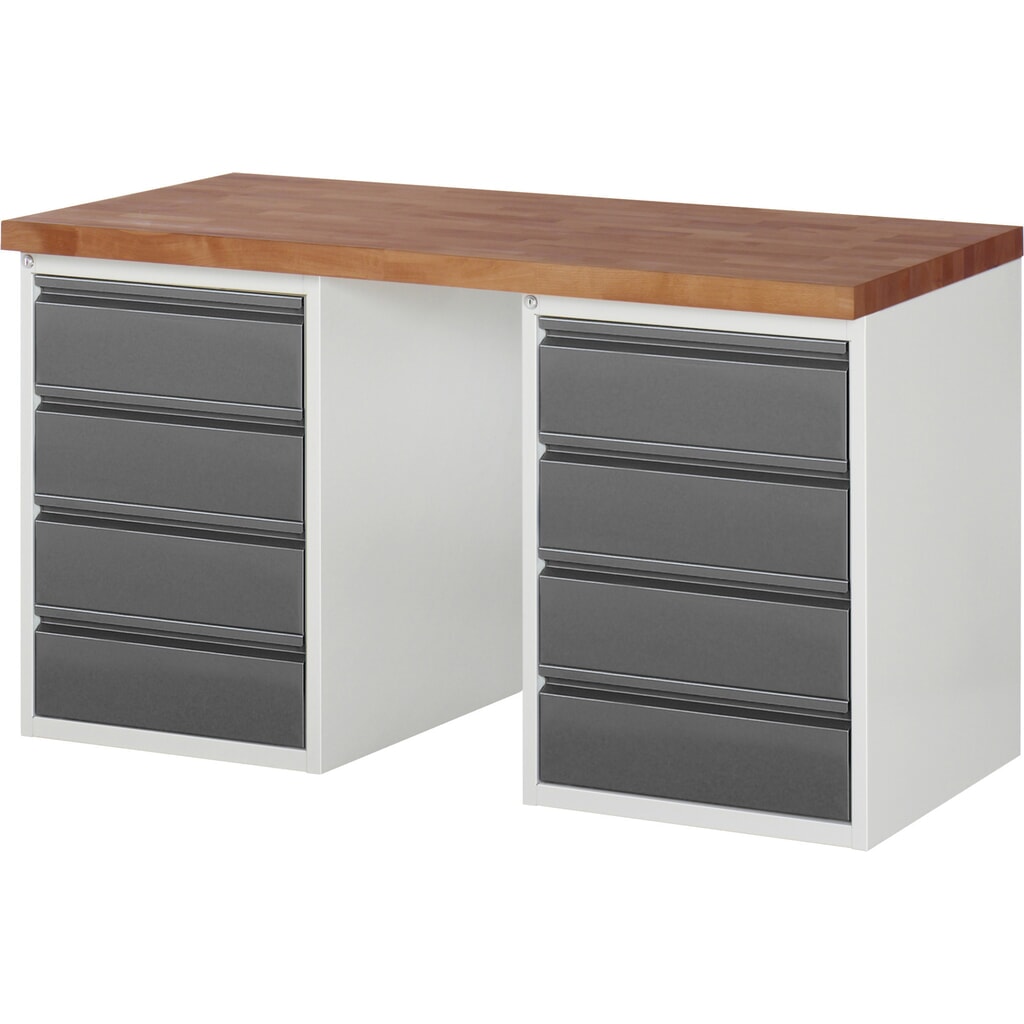 Pracovní stůl RAU řada 7000, pracovní deska červený buk masivní, 2x kontejner, VxŠxH 890 x 1500 x 700 mm, 8x zásuvka 8 x 180 mm Obrázek produktu: Pracovní stůl RAU řada 7000, pracovní deska červený buk masivní, 2x kontejner, VxŠxH 890 x 1500 x 700 mm, 8x zásuvka 8 x 180 mm