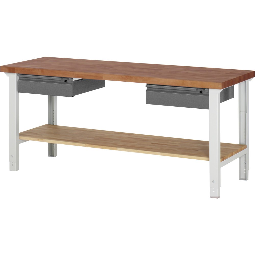 Číslo obrázku produktu 1: Pracovní stůl RAU řada 7000, pracovní deska červený buk masivní, 2x zásuvka, 1 odkládací police buk masiv, VxŠxH 790-1140 x 2000 x 700 mm, 2x zásuvka