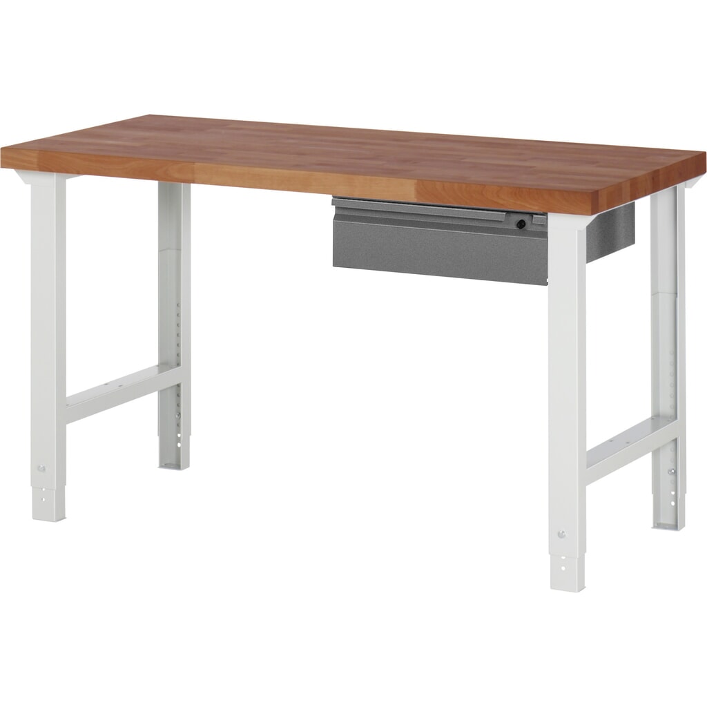 Obrázek produktu: Pracovní stůl RAU řada 7000, pracovní deska červený buk masivní, 1 zásuvka, VxŠxH 790-1140 x 1500 x 700 mm, 1 zásuvka
