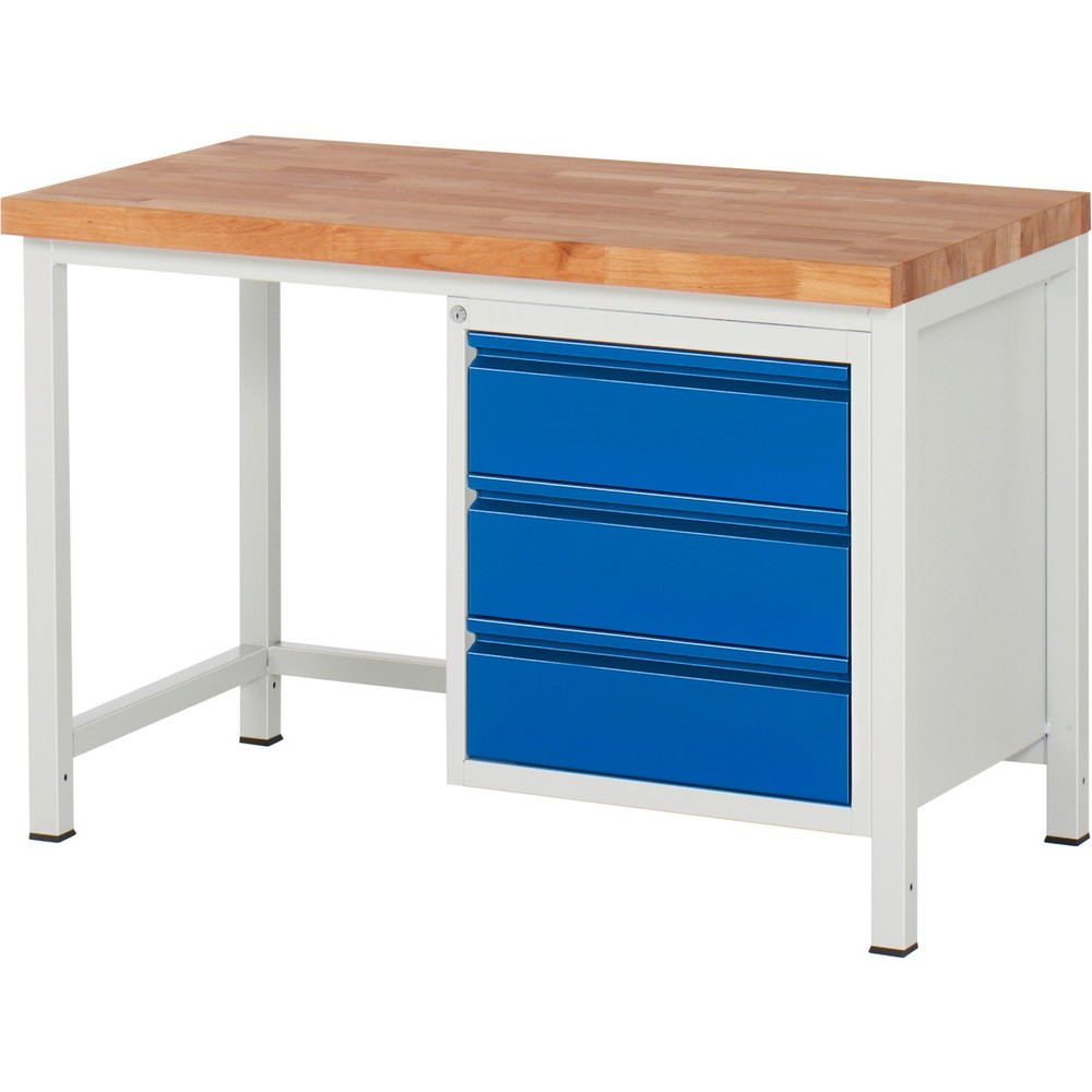 Číslo obrázku produktu 1: Pracovní stůl RAU řada 8000, VxŠxH 840 x 1250 x 700 mm, 3x zásuvka s výsuvem 90 %, 3 x 180 mm, nosnost zásuvky 100 kg