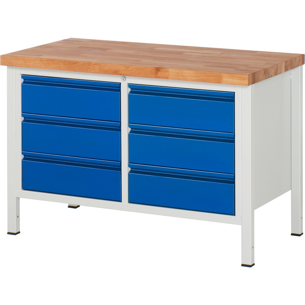 Číslo obrázku produktu 1: Pracovní stůl RAU řada 8000, 1 dvojitý kontejner, VxŠxH 840-1040 x 1250 x 700 mm, 6x zásuvka s výsuvem 90 %, 6 x 180 mm