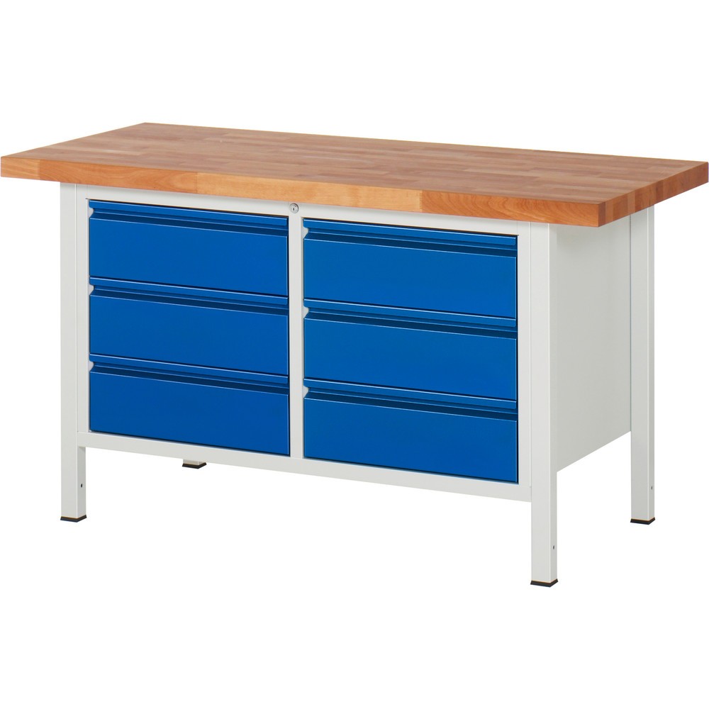 Číslo obrázku produktu 1: Pracovní stůl RAU řada 8000, 1 dvojitý kontejner, VxŠxH 840-1040 x 1500 x 700 mm, 6x zásuvka s výsuvem 90 %, 6 x 180 mm