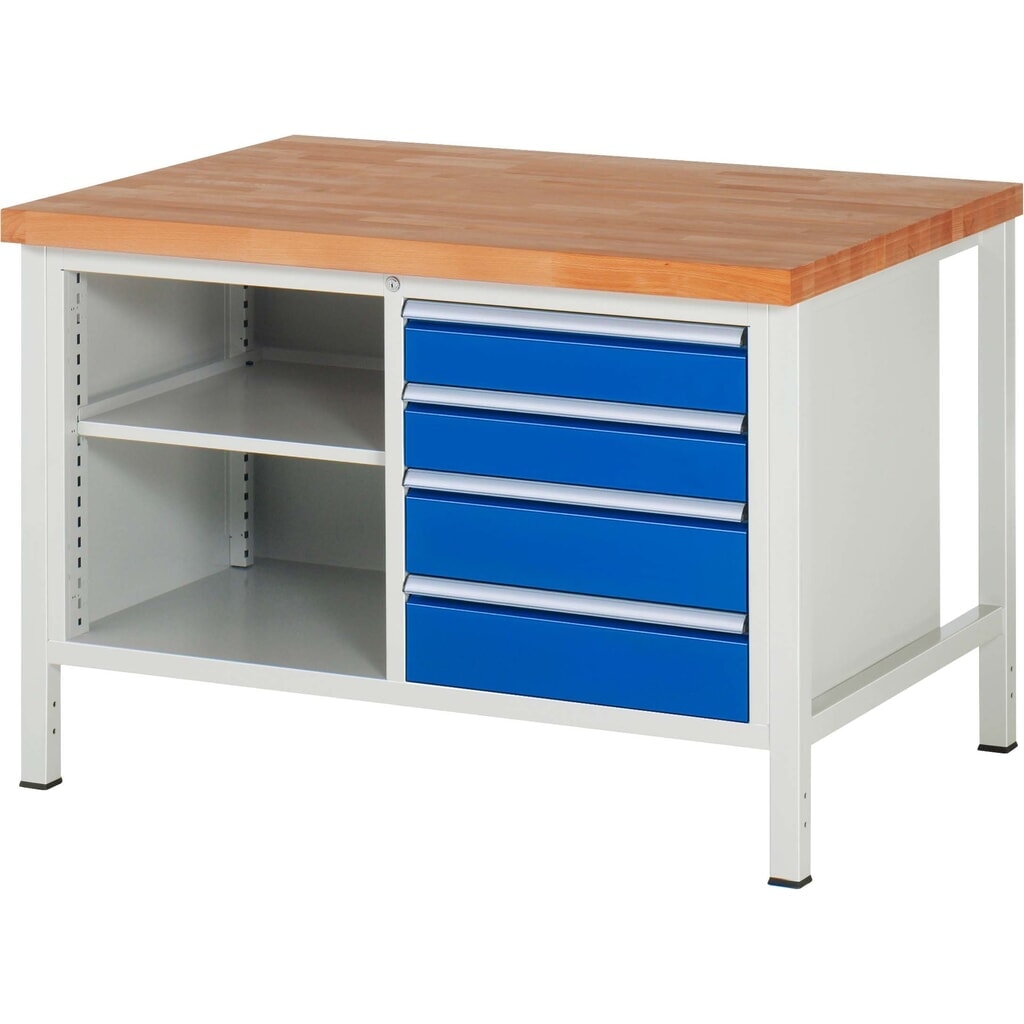 Pracovní stůl RAU řada 8000, V׊×H 840-1040 × 1250 × 900 mm, 1 dvojitý spodní kontejner, se 4 zásuvkami Obrázek produktu: Pracovní stůl RAU řada 8000, V׊×H 840-1040 × 1250 × 900 mm, 1 dvojitý spodní kontejner, se 4 zásuvkami