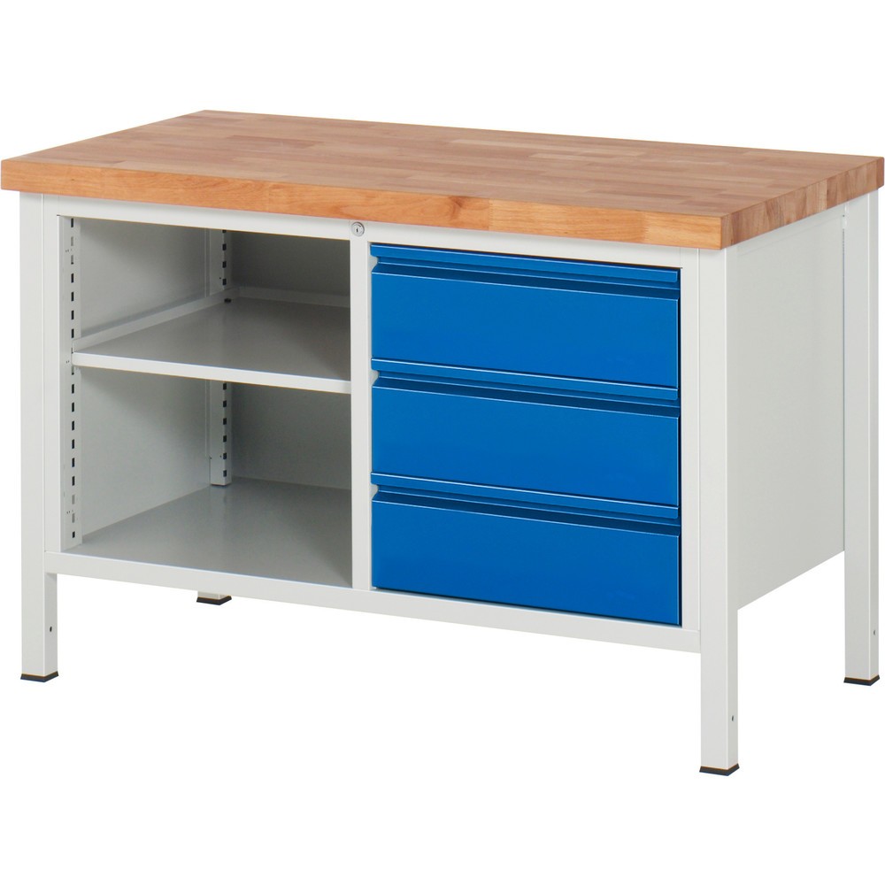 Číslo obrázku produktu 1: Pracovní stůl RAU řada 8000, 1 dvojitý kontejner, 1 police, VxŠxH 840 x 1250 x 700 mm, 3x zásuvka s výsuvem 90 %