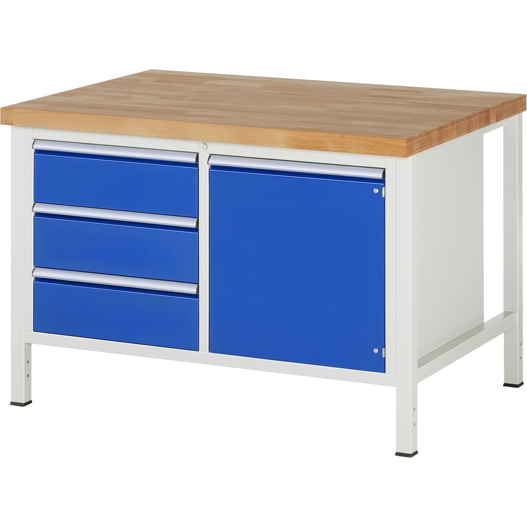 Pracovní stůl RAU řady 8000, V׊×H 840-1040 × 1250 × 900 mm, 1 dvojitý spodní kontejner, 3 zásuvky a 1 křídlové dveře Obrázek produktu: Pracovní stůl RAU řady 8000, V׊×H 840-1040 × 1250 × 900 mm, 1 dvojitý spodní kontejner, 3 zásuvky a 1 křídlové dveře