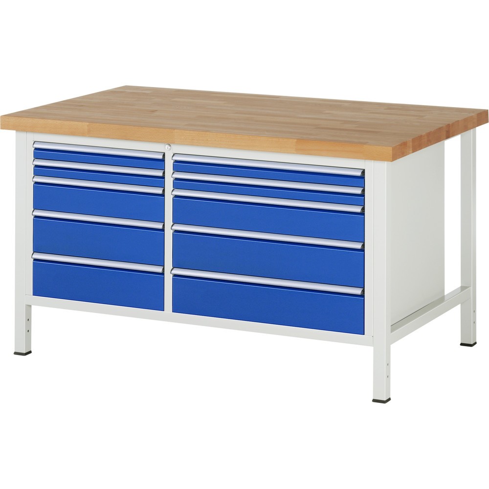 Číslo obrázku produktu 1: Pracovní stůl RAU řada 8000, 1 dvojitý spodní kontejner, VxŠxH 840-1040 x 1500 x 900 mm, 10 zásuvek s výsuvem 100 %, nosnost zásuvky 75/100 kg