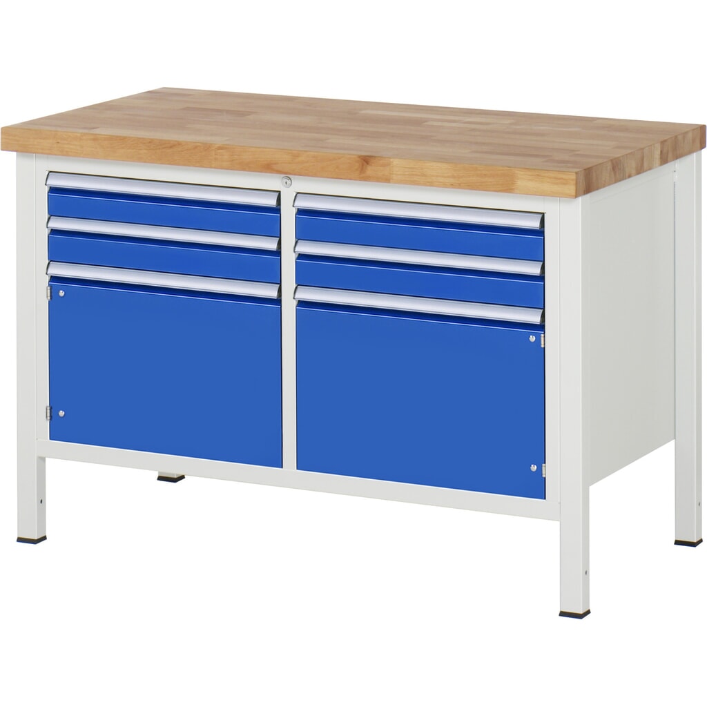 Obrázek produktu: Pracovní stůl RAU řada 8000, 1 dvojitý kontejner, 2 křídlové dveře, VxŠxH 840 x 1250 x 700 mm, 4 zásuvky