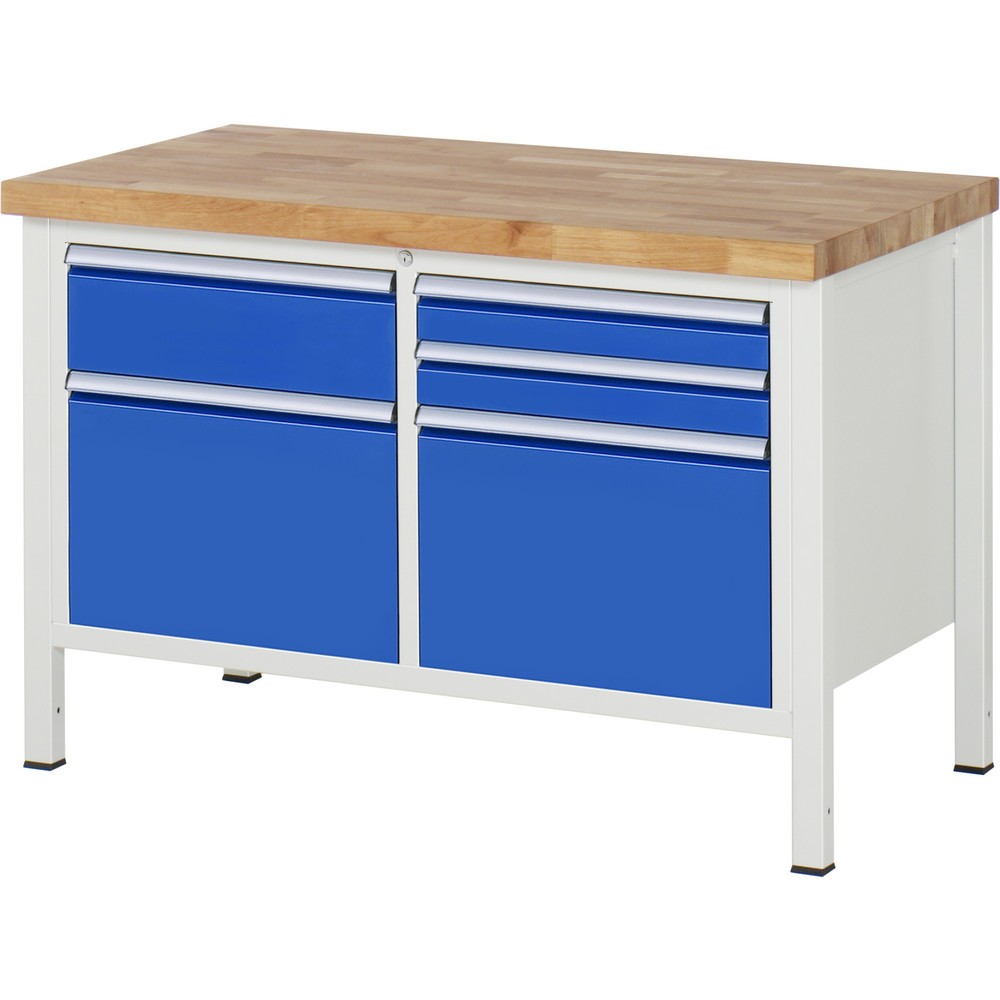 Číslo obrázku produktu 1: Pracovní stůl RAU řada 8000, 1 dvojitý kontejner, VxŠxH 840-1040 x 1250 x 700 mm, 5x zásuvka s výsuvem 90 %
