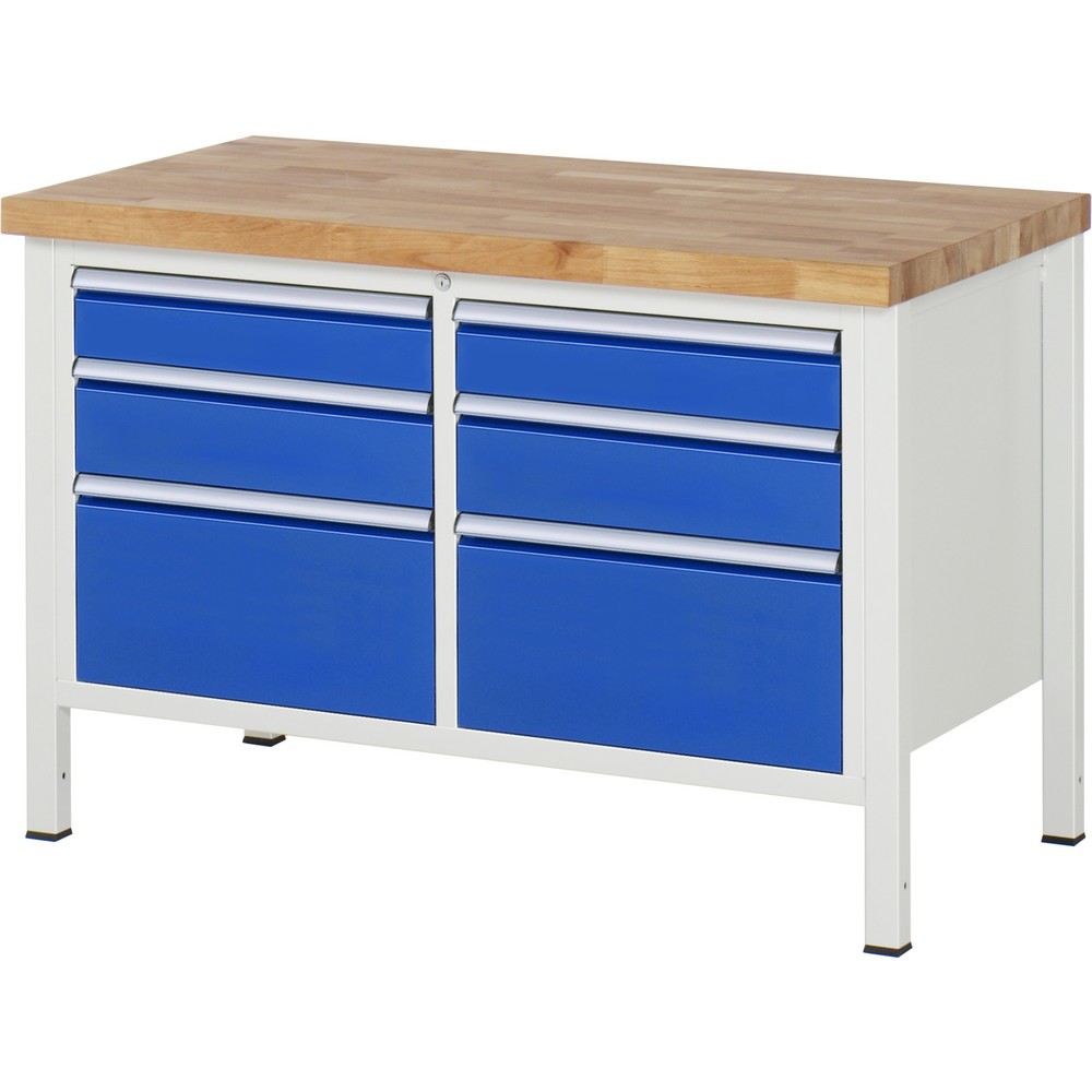 Číslo obrázku produktu 1: Pracovní stůl RAU řada 8000, 1 dvojitý kontejner, VxŠxH 840-1040 x 1250 x 700 mm, 6x zásuvka s výsuvem 90 %, 2 x 120, 2 x 150, 2 x 270 mm, nosnost zásuvky 100 kg