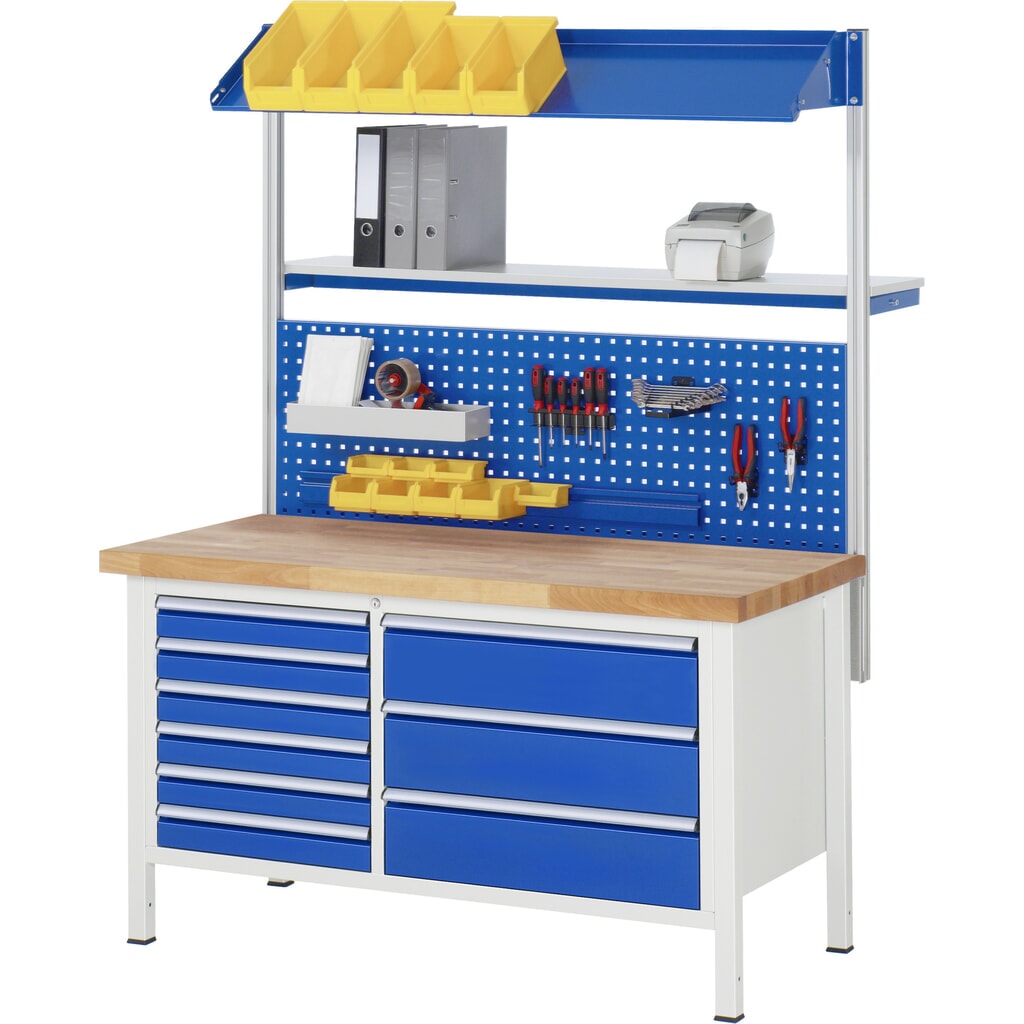 Číslo obrázku produktu 5: Pracovní stůl RAU řada 8000, 1 dvojitý kontejner, VxŠxH 840 x 1500 x 900 mm, 9x zásuvka s výsuvem 90 %, 2 x 60, 3 x 120, 4 x 150 mm, nosnost zásuvky 75/100 kg