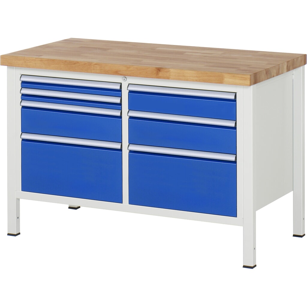 Pracovní stůl RAU řada 8000, 1 dvojitý kontejner, VxŠxH 840-1040 x 1250 x 700 mm, 7x zásuvka s výsuvem 90 % Obrázek produktu: Pracovní stůl RAU řada 8000, 1 dvojitý kontejner, VxŠxH 840-1040 x 1250 x 700 mm, 7x zásuvka s výsuvem 90 %