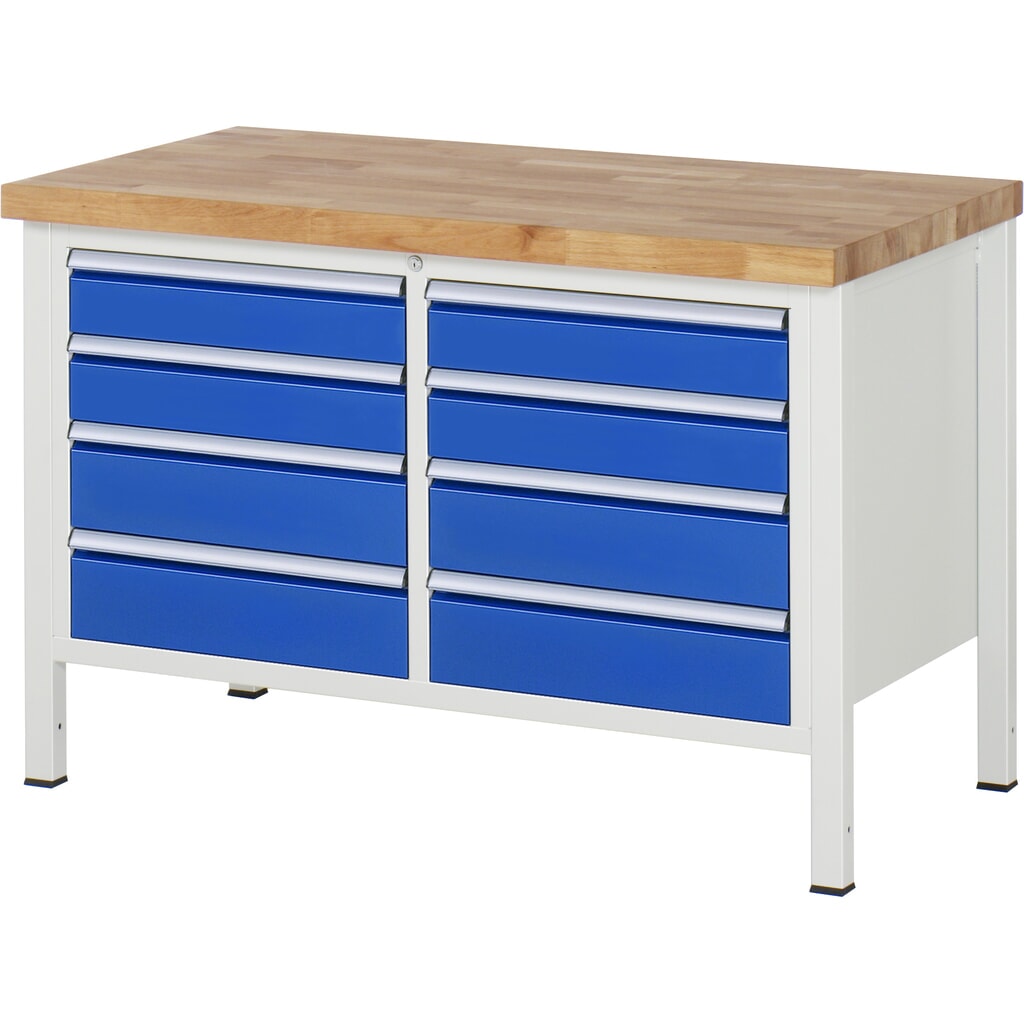 Obrázek produktu: Pracovní stůl RAU řada 8000, 1 dvojitý kontejner, VxŠxH 840 x 1250 x 700 mm, 8x zásuvka s výsuvem 90 %, 4 x 120, 4 x 150 mm, nosnost zásuvky 100 kg