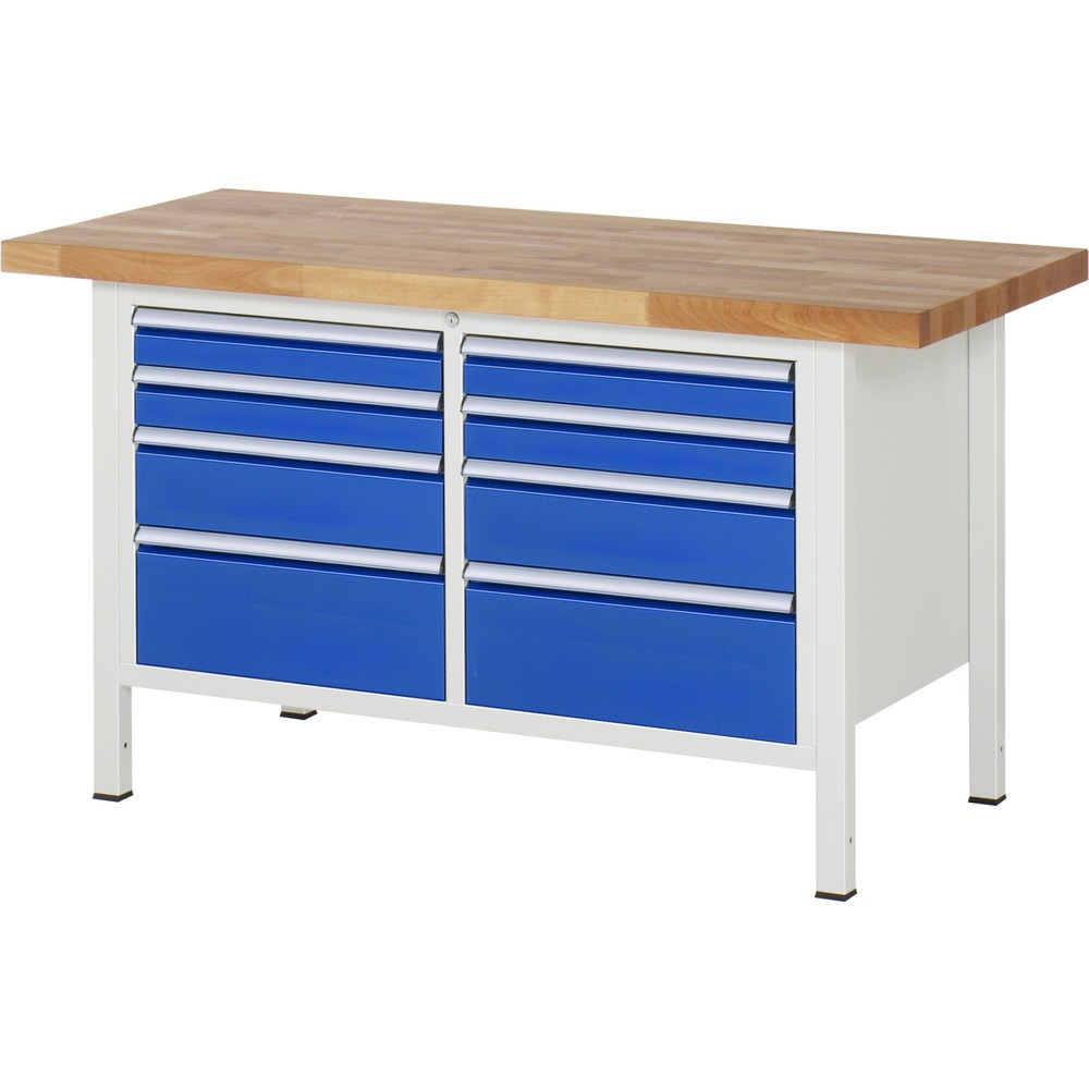 Číslo obrázku produktu 1: Pracovní stůl RAU řada 8000, 1 dvojitý kontejner, VxŠxH 840-1040 x 1500 x 700 mm, 8x zásuvka s výsuvem 100 %, 4 x 90, 2 x 150, 2 x 210 mm, nosnost zásuvky 100 kg