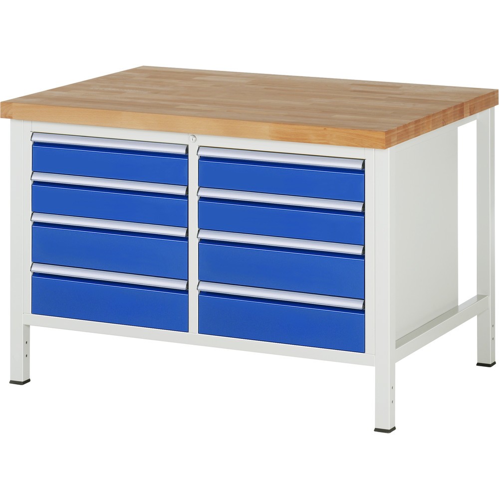 Obrázek produktu: Pracovní stůl RAU řada 8000, V×Š×H 840-1040 × 1250 × 900 mm, 1 dvojitý spodní kontejner, s 8 zásuvkami
