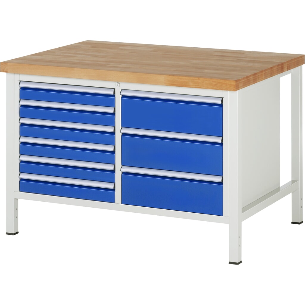 Pracovní stůl RAU řada 8000, V׊×H 840-1040 × 1250 × 900 mm, 1 dvojitý spodní kontejner, s 9 zásuvkami Obrázek produktu: Pracovní stůl RAU řada 8000, V׊×H 840-1040 × 1250 × 900 mm, 1 dvojitý spodní kontejner, s 9 zásuvkami
