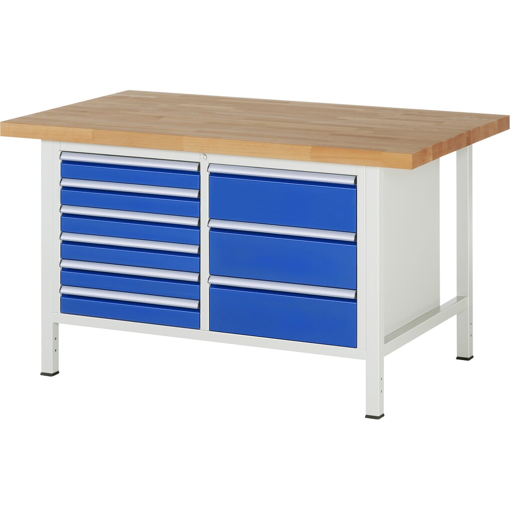 Pracovní stůl RAU řada 8000, V׊×H 840-1040 × 1500 × 900 mm, 1 dvojitý spodní kontejner, s 9 zásuvkami Obrázek produktu: Pracovní stůl RAU řada 8000, V׊×H 840-1040 × 1500 × 900 mm, 1 dvojitý spodní kontejner, s 9 zásuvkami