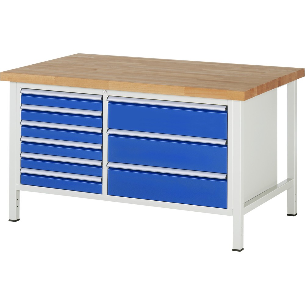 Číslo obrázku produktu 1: Pracovní stůl RAU řada 8000, 1 dvojitý kontejner, VxŠxH 840-1040 x 1500 x 900 mm, 9x zásuvka s výsuvem 90 %, 6 x 90, 3 x 180 mm, nosnost zásuvky 75/100 kg