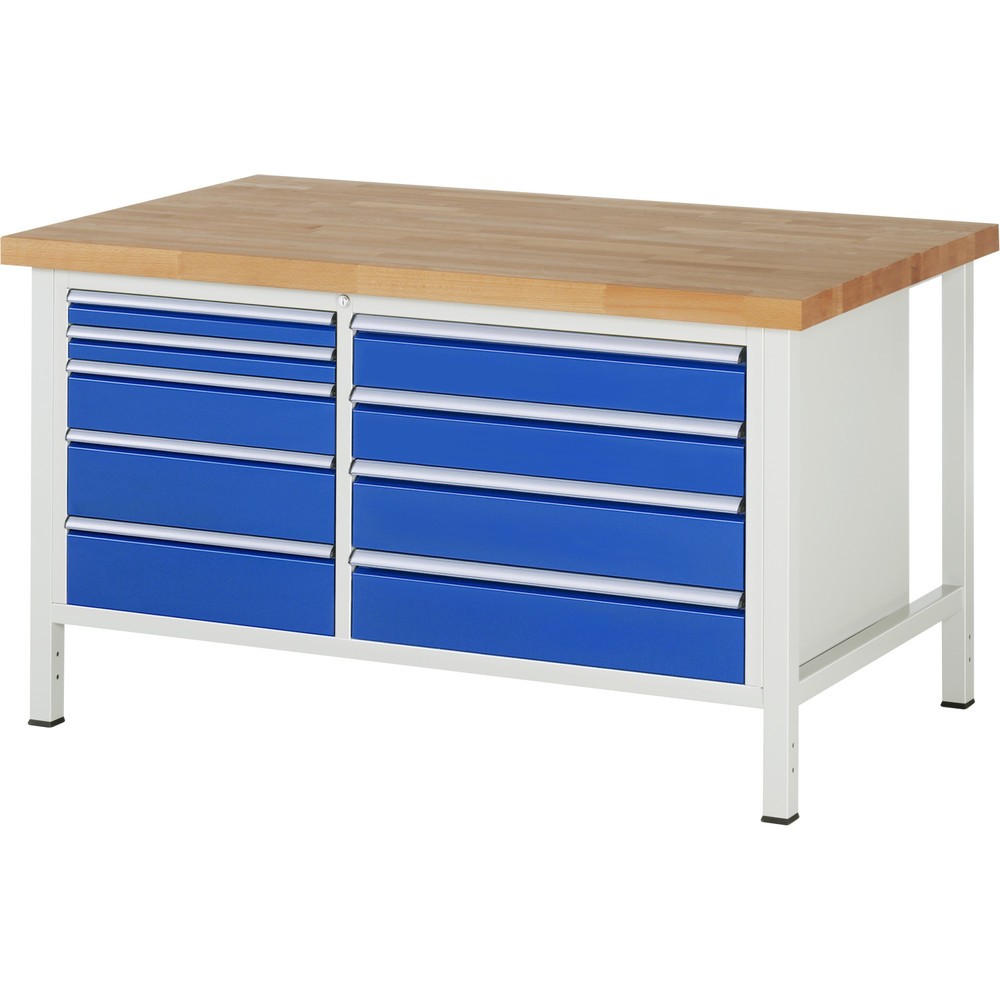 Číslo obrázku produktu 1: Pracovní stůl RAU řada 8000, 1 dvojitý kontejner, VxŠxH 840 x 1500 x 900 mm, 9x zásuvka s výsuvem 90 %, 2 x 60, 3 x 120, 4 x 150 mm, nosnost zásuvky 75/100 kg