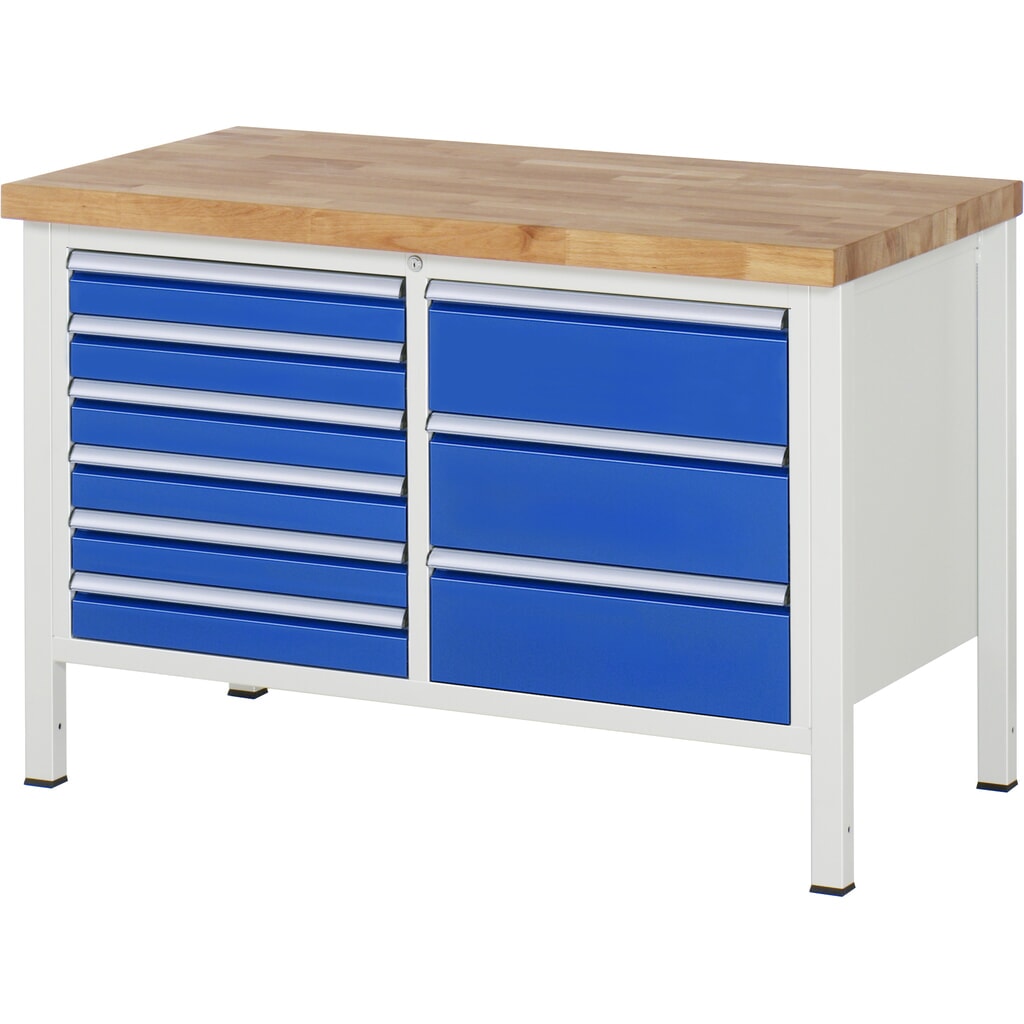 Číslo obrázku produktu 1: Pracovní stůl RAU řada 8000, V×Š×H 840-1040 × 1250 × 700 mm, 1 dvojitý spodní kontejner, s 9 zásuvkami