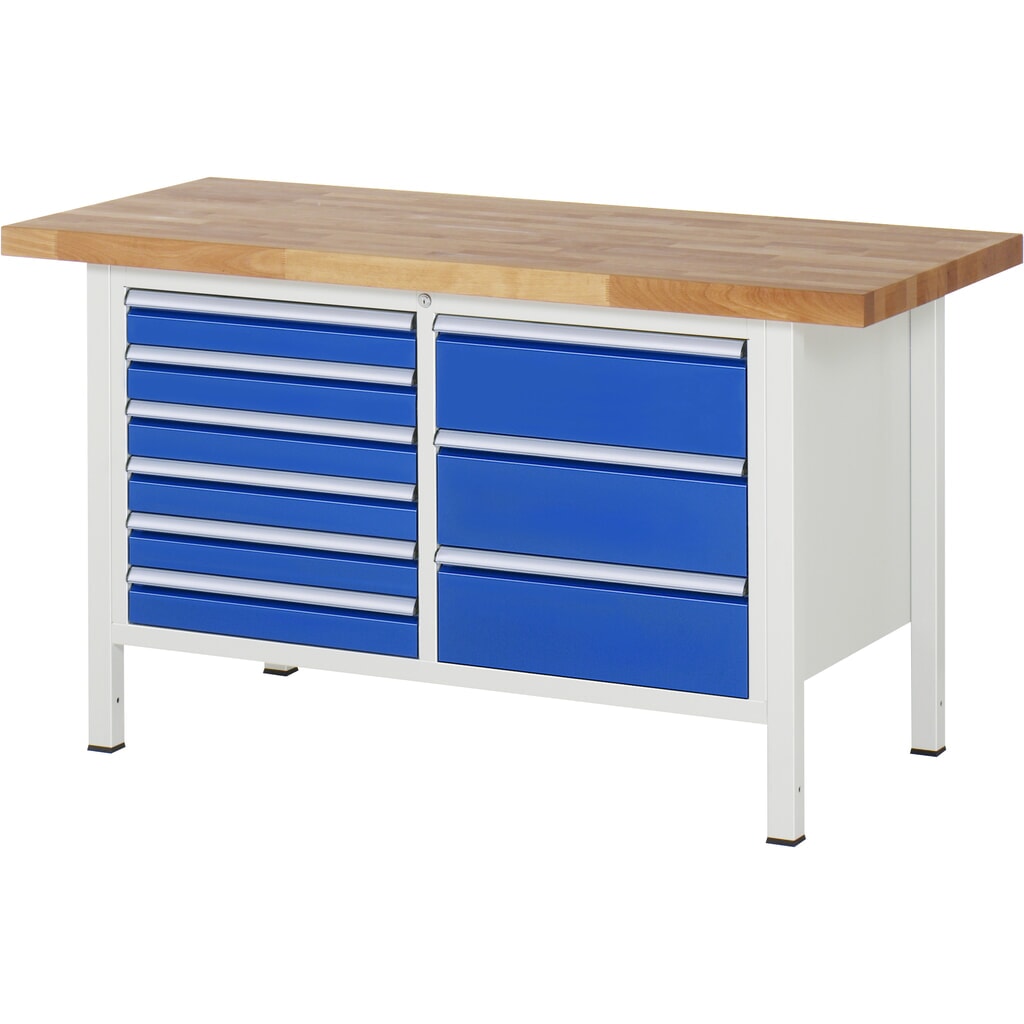 Pracovní stůl RAU řada 8000, V׊×H 840-1040 × 1500 × 700 mm, 1 dvojitý spodní kontejner, s 9 zásuvkami Obrázek produktu: Pracovní stůl RAU řada 8000, V׊×H 840-1040 × 1500 × 700 mm, 1 dvojitý spodní kontejner, s 9 zásuvkami