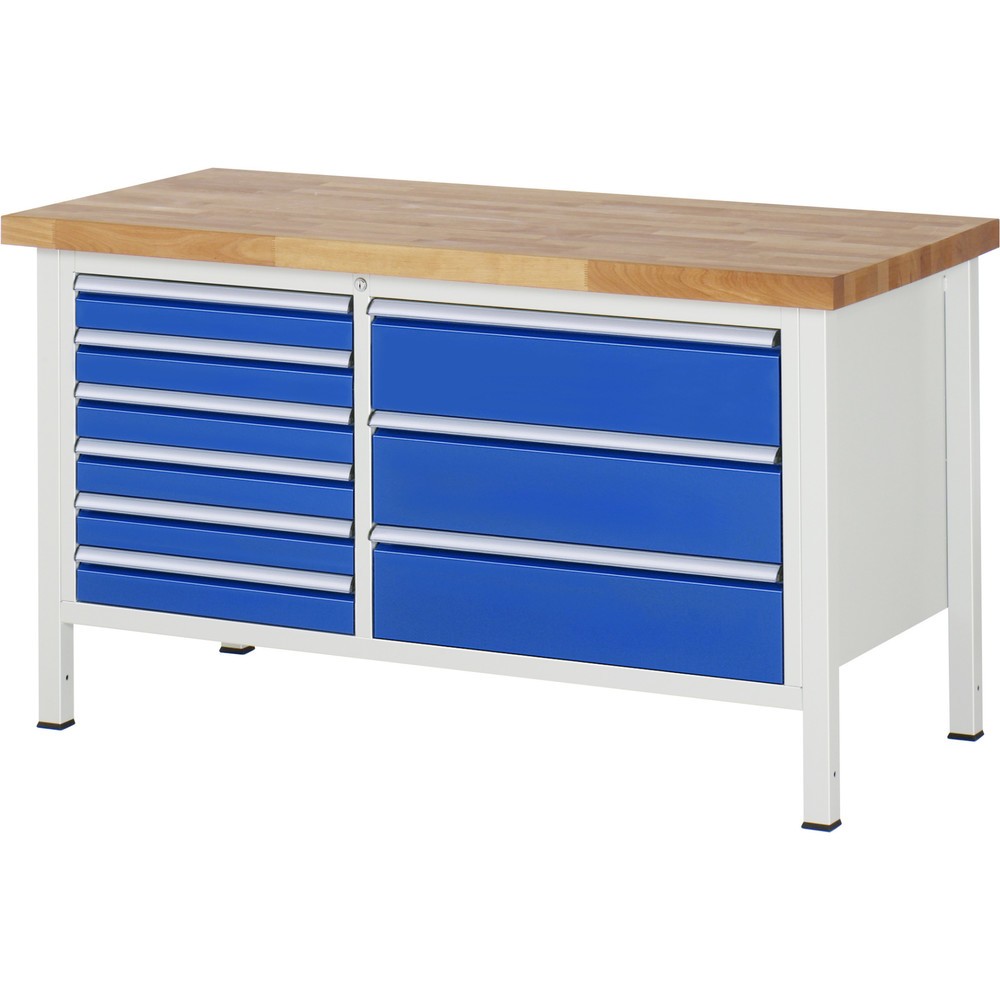 Číslo obrázku produktu 1: Pracovní stůl RAU řada 8000, 1 dvojitý kontejner, VxŠxH 840-1040 x 1500 x 700 mm, 9x zásuvka s výsuvem 90 %, 6 x 90, 3 x 180 mm, nosnost zásuvky 75/100 kg
