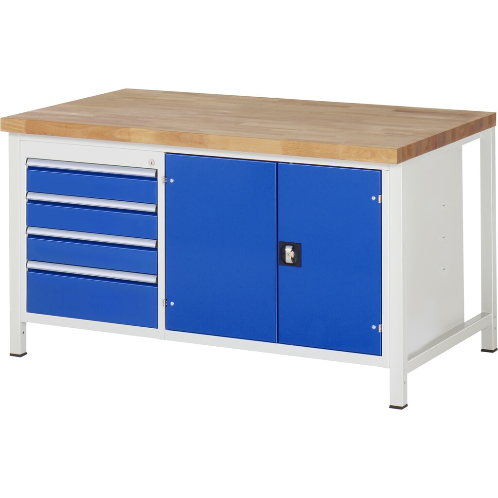 Pracovní stůl RAU řady 8000, V׊×H 840-1040 × 1500 × 900 mm, 1 dvojitý spodní kontejner, 4 zásuvky a 1 přihrádka na nářadí Obrázek produktu: Pracovní stůl RAU řady 8000, V׊×H 840-1040 × 1500 × 900 mm, 1 dvojitý spodní kontejner, 4 zásuvky a 1 přihrádka na nářadí