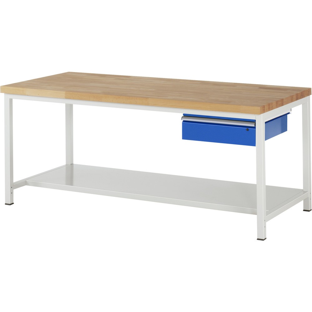 Obrázek produktu: Pracovní stůl RAU řada 8000, VxŠxH 840-1040 × 2 000 × 900 mm, 1 zásuvka, 1 odkládací police hloubka 650 mm