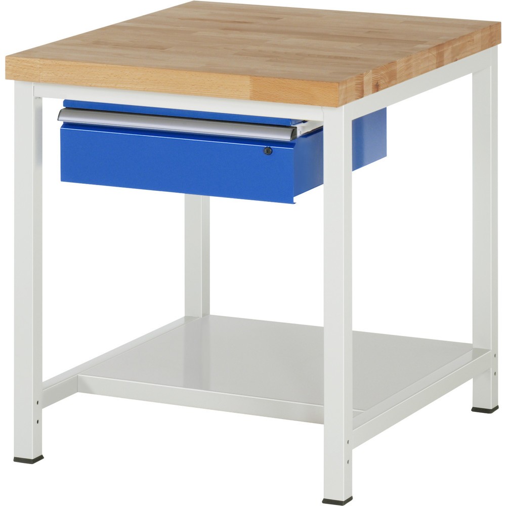 Obrázek produktu: Pracovní stůl RAU řada 8000, VxŠxH 840-1040 × 750 × 900 mm, 1 zásuvka, 1 odkládací police hloubka 650 mm