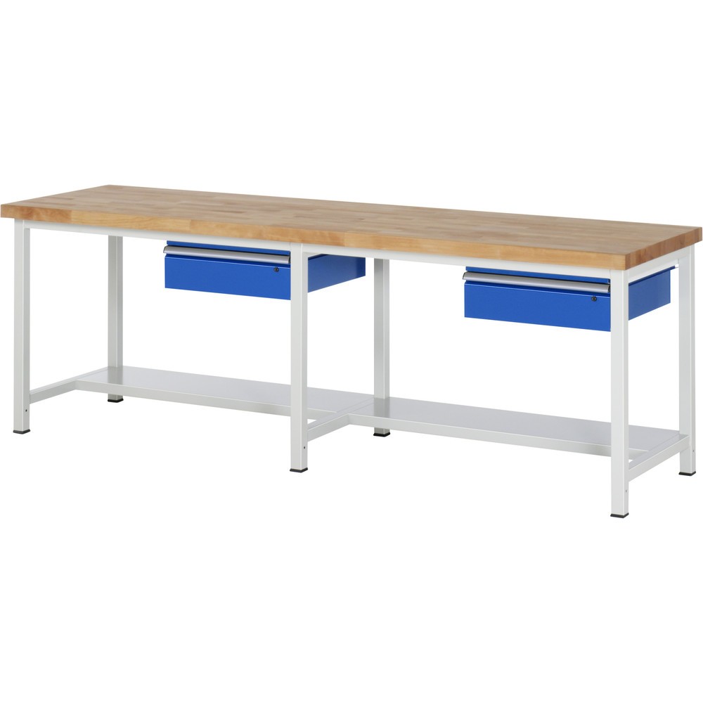 Číslo obrázku produktu 1: Pracovní stůl RAU řada 8000, VxŠxH 840 x 2500 x 700 mm, 2 zásuvky, 1 odkládací police hloubka 320 mm
