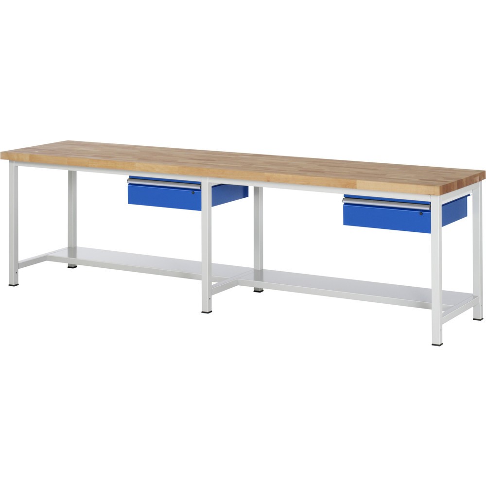 Číslo obrázku produktu 1: Pracovní stůl RAU řada 8000, VxŠxH 840 x 3000 x 900 mm, 2 zásuvky, 1 odkládací police hloubka 320 mm