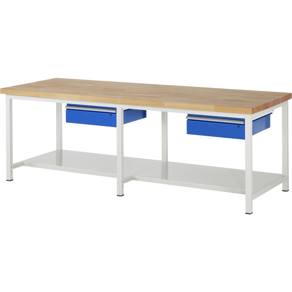 Obrázek produktu: Pracovní stůl RAU řada 8000, VxŠxH 840 x 2500 x 900 mm, 2 zásuvky, 1 odkládací police hloubka 650 mm
