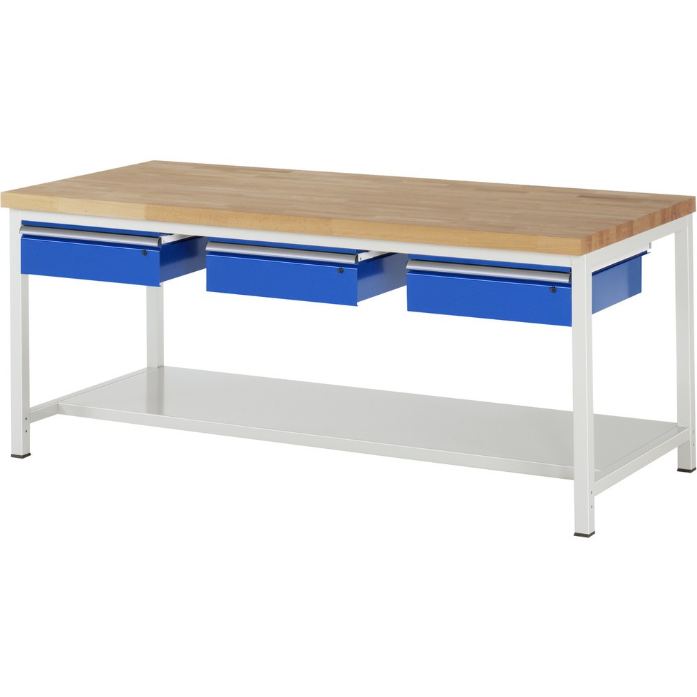 Číslo obrázku produktu 1: Pracovní stůl RAU řada 8000, VxŠxH 840 x 2000 x 900 mm, 3 zásuvky, 1 odkládací police hloubka 650 mm