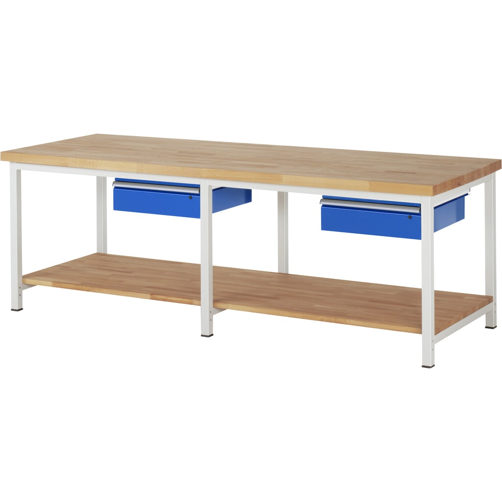Obrázek produktu: Pracovní stůl RAU řada 8000, V×Š×H 840-1040 × 2500 × 900 mm, 2 zásuvky, dole odkládací police