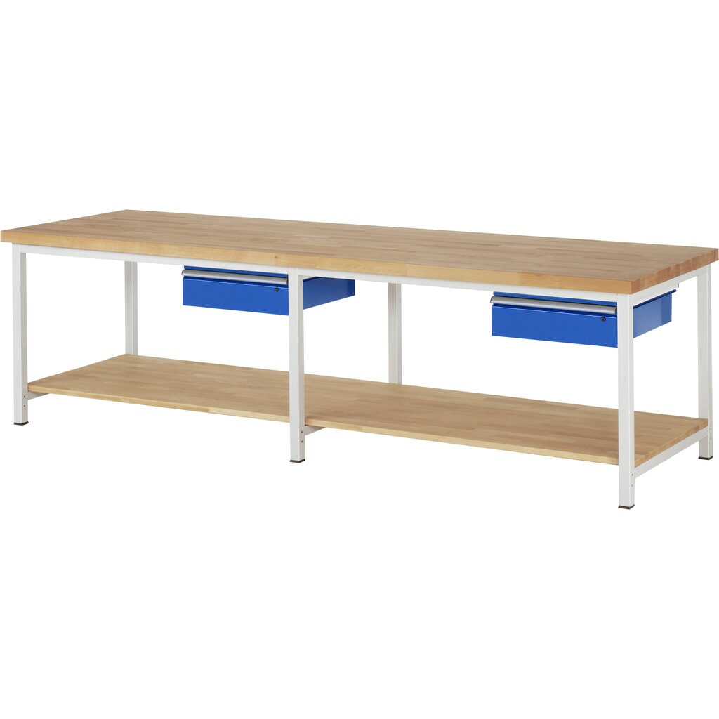 Obrázek produktu: Pracovní stůl RAU řada 8000, V×Š×H 840-1040 × 3000 × 900 mm, 2 zásuvky, dole odkládací police