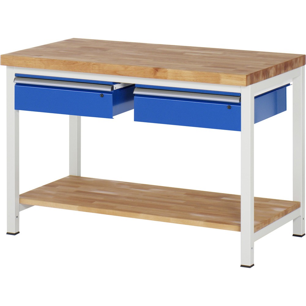 Číslo obrázku produktu 1: Pracovní stůl RAU řada 8000, VxŠxH 840-1040 x 1250 x 700 mm, 2 zásuvky, 1 odkládací police buk masiv hloubka 557 mm