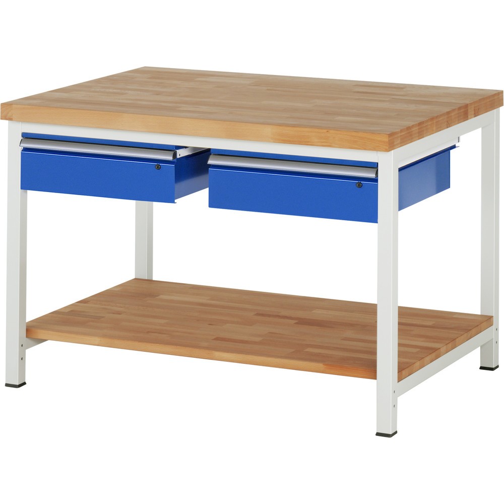 Číslo obrázku produktu 1: Pracovní stůl RAU řada 8000, VxŠxH 840-1040 x 1250 x 900 mm, 2 zásuvky, 1 odkládací police buk masiv hloubka 757 mm