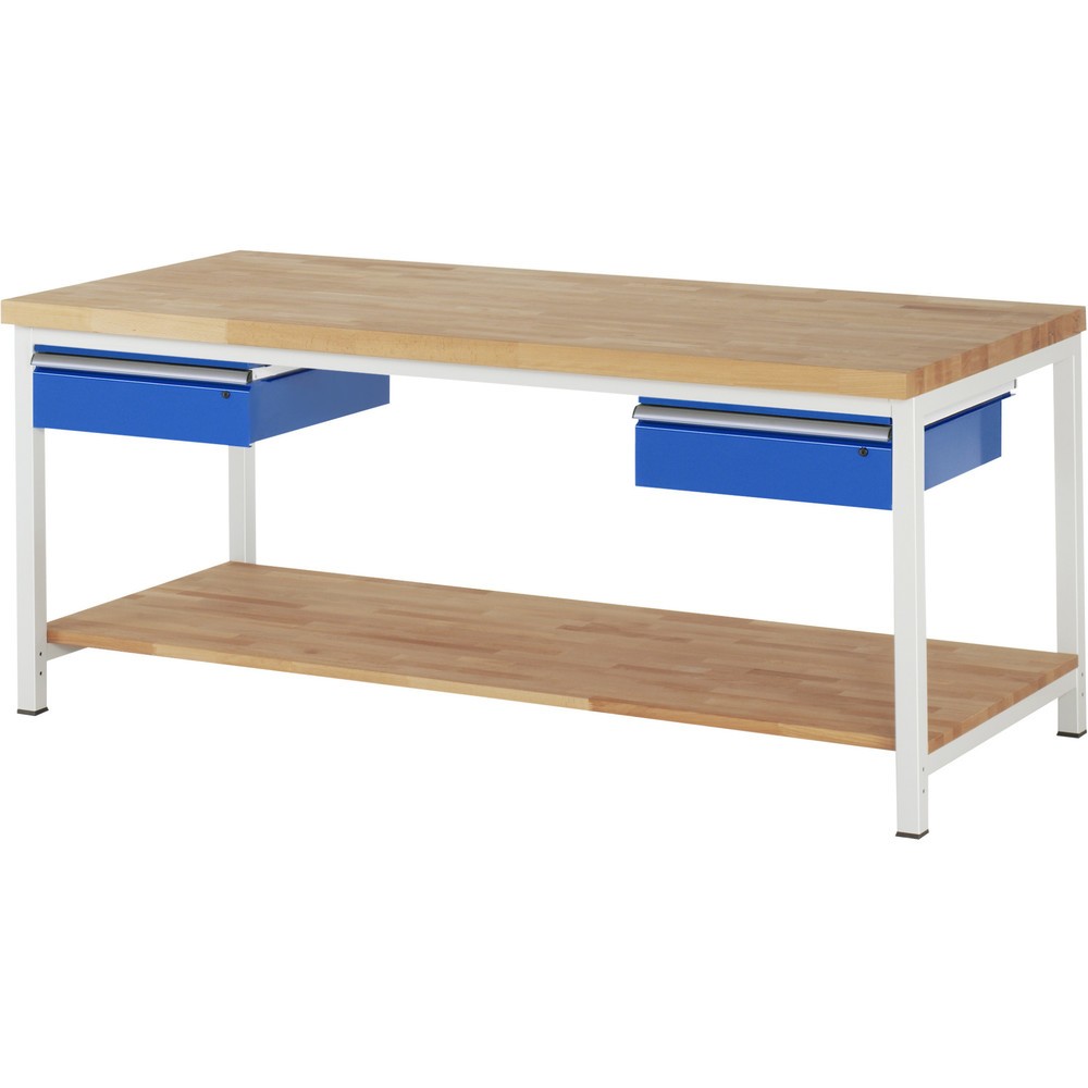 Číslo obrázku produktu 1: Pracovní stůl RAU řada 8000, VxŠxH 840-1040 x 2000 x 900 mm, 2 zásuvky, 1 odkládací police buk masiv hloubka 757 mm