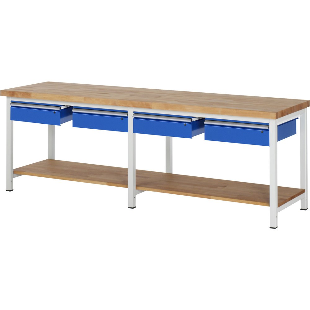 Číslo obrázku produktu 1: Pracovní stůl RAU řada 8000, VxŠxH 840 x 2500 x 700 mm, 4 zásuvky, 1 odkládací police buk masiv hloubka 557 mm
