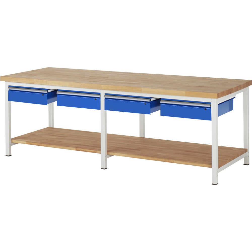 Pracovní stůl RAU řada 8000, VxŠxH 840 x 2500 x 900 mm, 4 zásuvky, 1 odkládací police buk masiv hloubka 757 mm Obrázek produktu: Pracovní stůl RAU řada 8000, VxŠxH 840 x 2500 x 900 mm, 4 zásuvky, 1 odkládací police buk masiv hloubka 757 mm