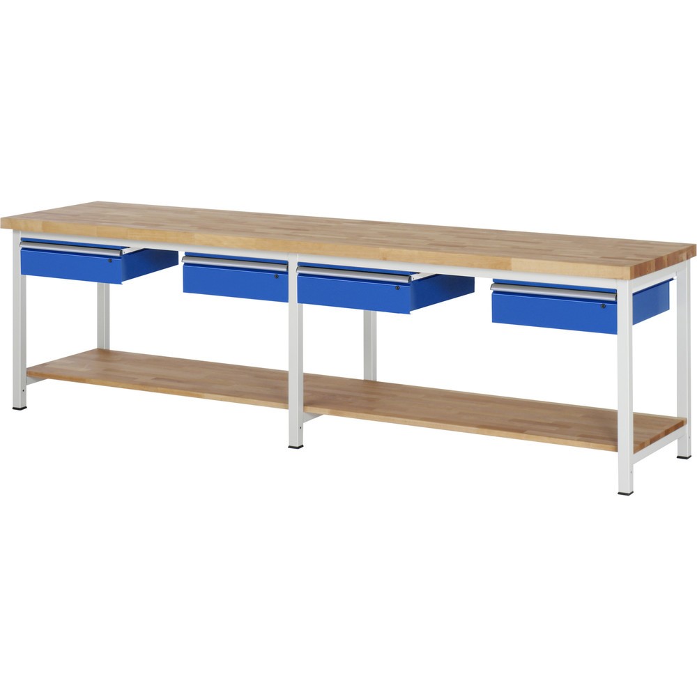 Pracovní stůl RAU řada 8000, VxŠxH 840 x 3000 x 700 mm, 4 zásuvky, 1 odkládací police buk masiv hloubka 557 mm Obrázek produktu: Pracovní stůl RAU řada 8000, VxŠxH 840 x 3000 x 700 mm, 4 zásuvky, 1 odkládací police buk masiv hloubka 557 mm