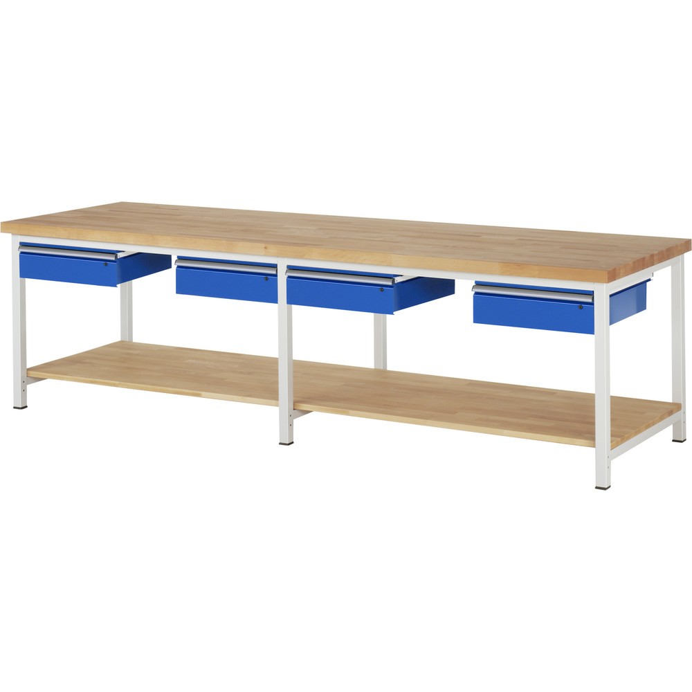 Číslo obrázku produktu 1: Pracovní stůl RAU řada 8000, VxŠxH 840-1040 x 3000 x 900 mm, 4 zásuvky, 1 odkládací police buk masiv hloubka 757 mm