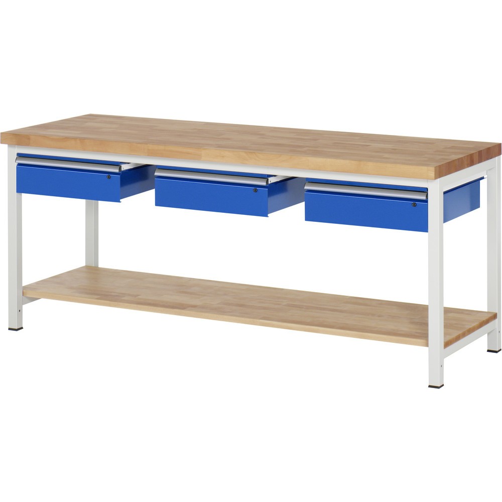 Číslo obrázku produktu 1: Pracovní stůl RAU řada 8000, VxŠxH 840-1040 x 2000 x 700 mm, 3 zásuvky, 1 odkládací police buk masiv hloubka 557 mm
