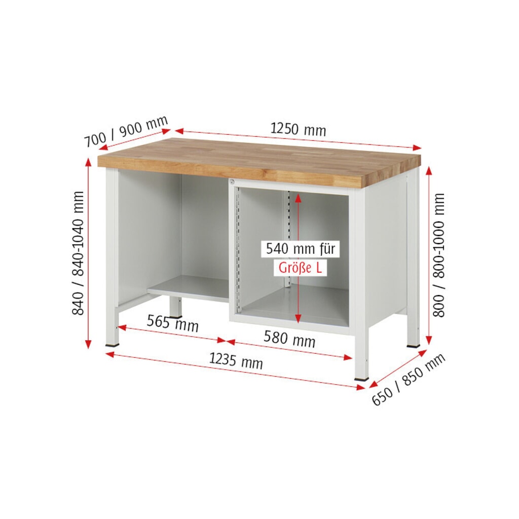 Číslo obrázku produktu 6: Pracovní stůl RAU řada 8000, 1 odkládací police, VxŠxH 840 x 1250 x 700 mm, 4x zásuvka s výsuvem 90 %