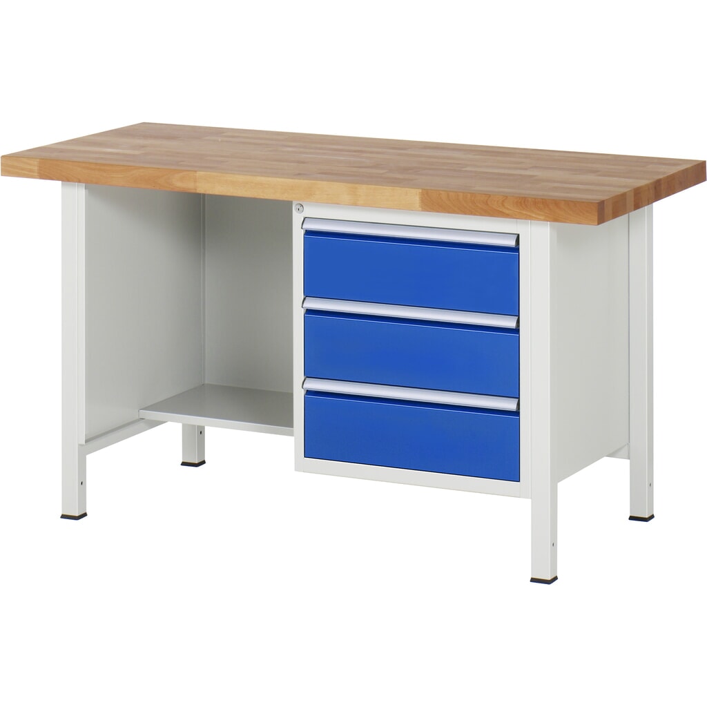 Pracovní stůl RAU, řada 8000, V׊×H 840-1040 × 1500 × 700 mm, 1 spodní kontejner vpravo a odkládací plocha, 3 zásuvky Obrázek produktu: Pracovní stůl RAU, řada 8000, V׊×H 840-1040 × 1500 × 700 mm, 1 spodní kontejner vpravo a odkládací plocha, 3 zásuvky