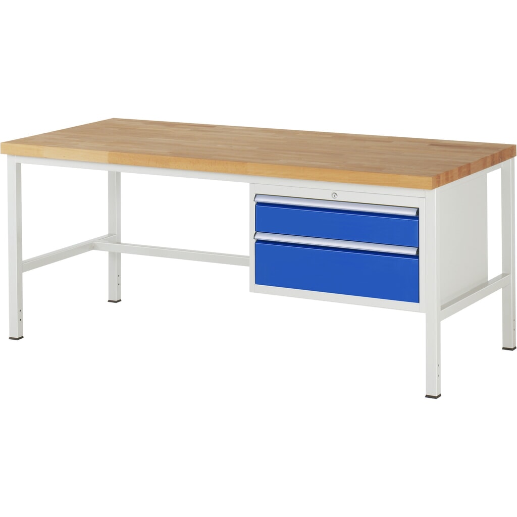 Obrázek produktu: Pracovní stůl RAU řada 8000, VxŠxH 840-1040 x 2000 x 900 mm, 2x zásuvka s výsuvem 90 %, 1 x 150, 1 x 210 mm, nosnost zásuvky 75 kg