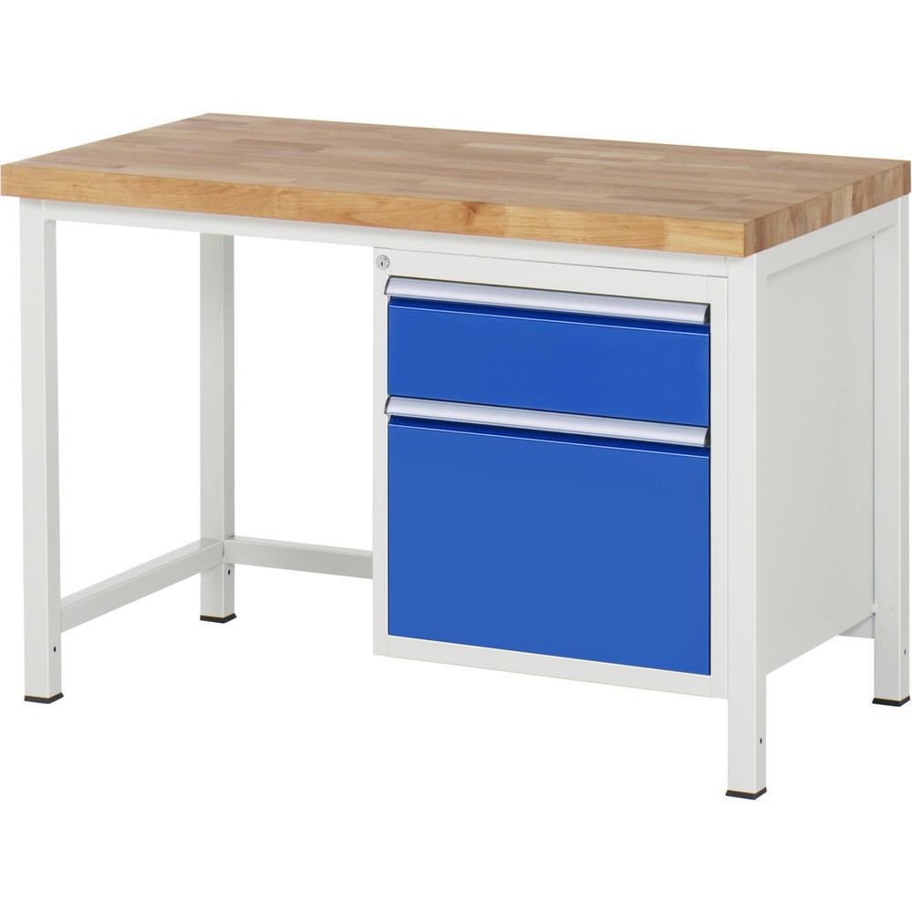 Obrázek produktu: Pracovní stůl RAU řada 8000, VxŠxH 840 x 1250 x 700 mm, 2x zásuvka s výsuvem 90 %, 1 x 180, 1 x 360 mm, nosnost zásuvky 100 kg