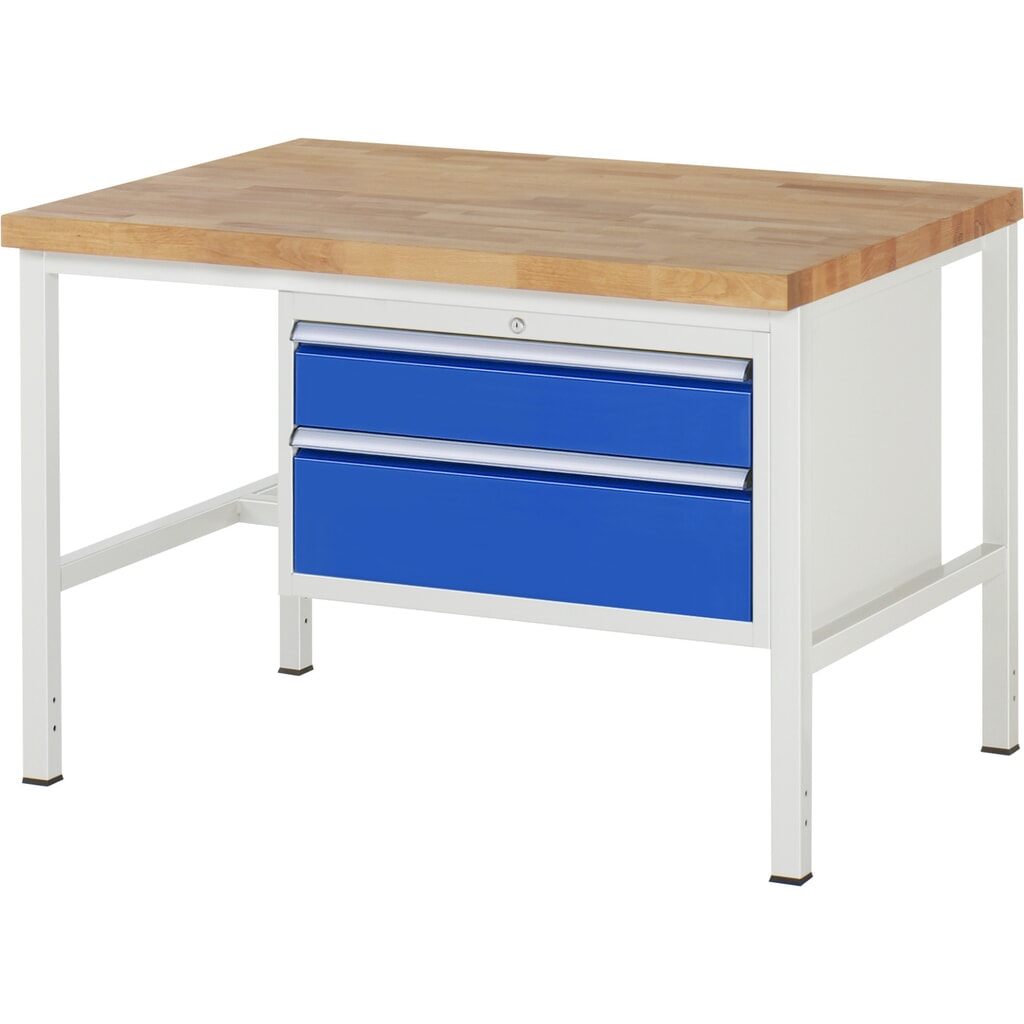 Obrázek produktu: Pracovní stůl RAU řada 8000, VxŠxH 840-1040 x 1250 x 900 mm, 2x zásuvka s výsuvem 90 %, 1 x 150, 1 x 210 mm, nosnost zásuvky 75 kg
