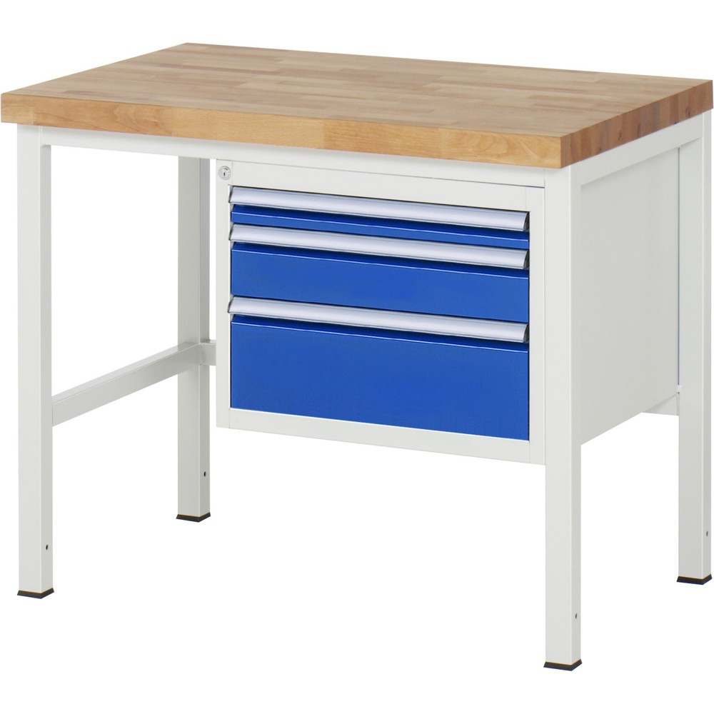 Číslo obrázku produktu 1: Pracovní stůl RAU řada 8000, VxŠxH 840-1040 x 1000 x 700 mm, 3x zásuvka s výsuvem 90 %, 1 x 60, 1 x 120, 1 x 180 mm, nosnost zásuvky 100 kg