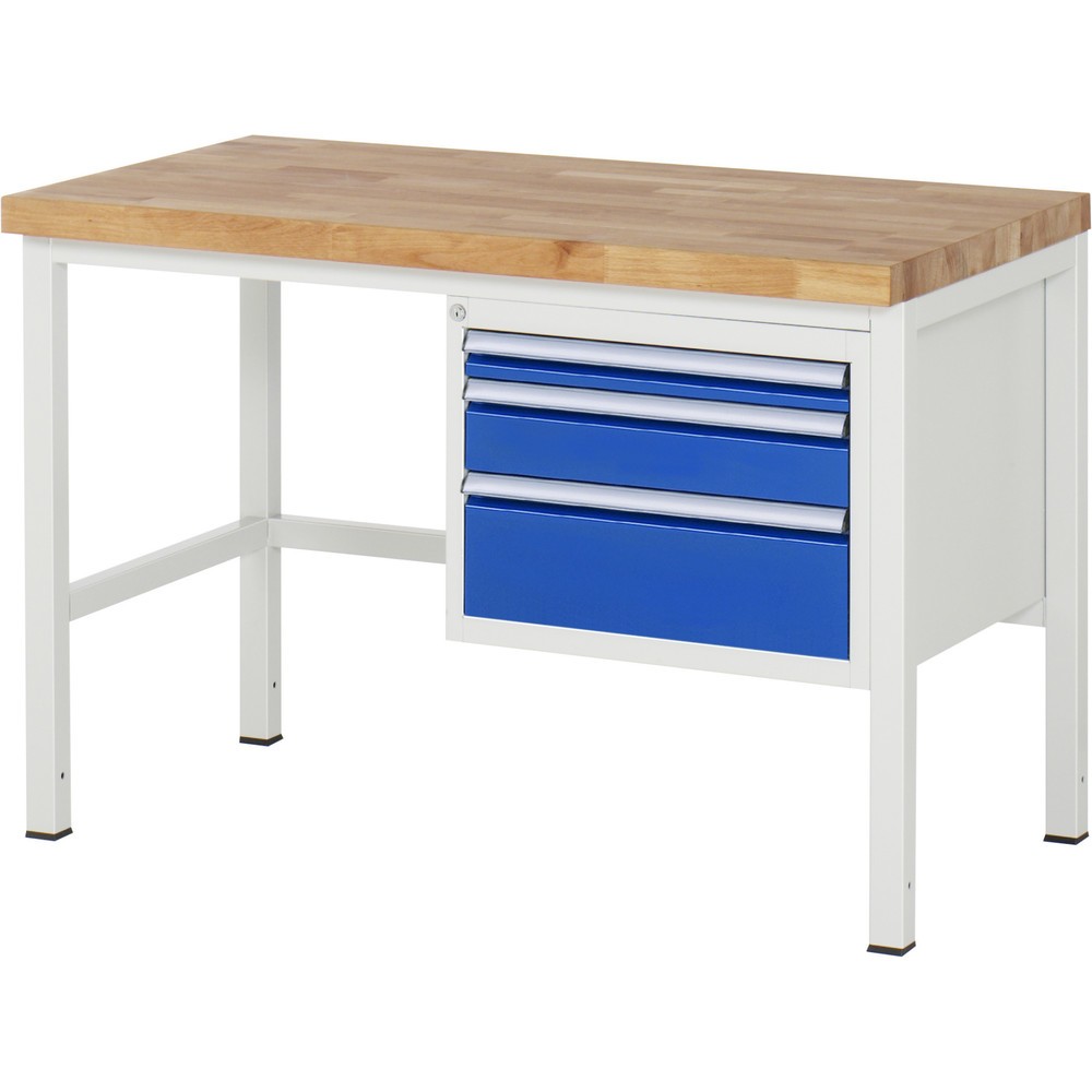 Číslo obrázku produktu 1: Pracovní stůl RAU řada 8000, VxŠxH 840-1040 x 1250 x 700 mm, 3x zásuvka s výsuvem 100 %, 1 x 60, 1 x 120, 1 x 180 mm, nosnost zásuvky 100 kg